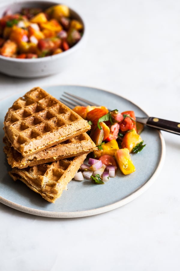 Crispy Vegan Cornmeal Waffles with Heirloom Tomato Peach Salsa | The Full Helping