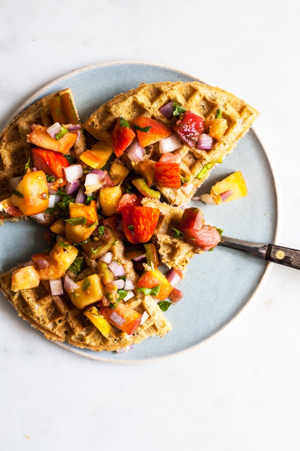 Crispy Vegan Cornmeal Waffles with Heirloom Tomato Peach Salsa | The Full Helping