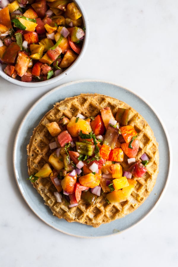 Crispy Vegan Cornmeal Waffles with Heirloom Tomato Peach Salsa | The Full Helping