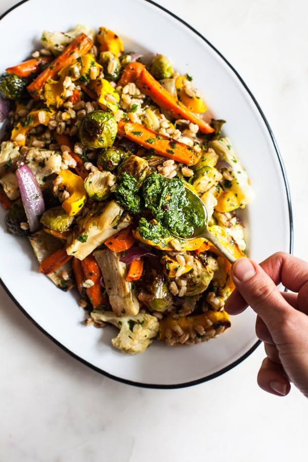 Farro & Roasted Vegetables with Italian Salsa Verde | The Full Helping