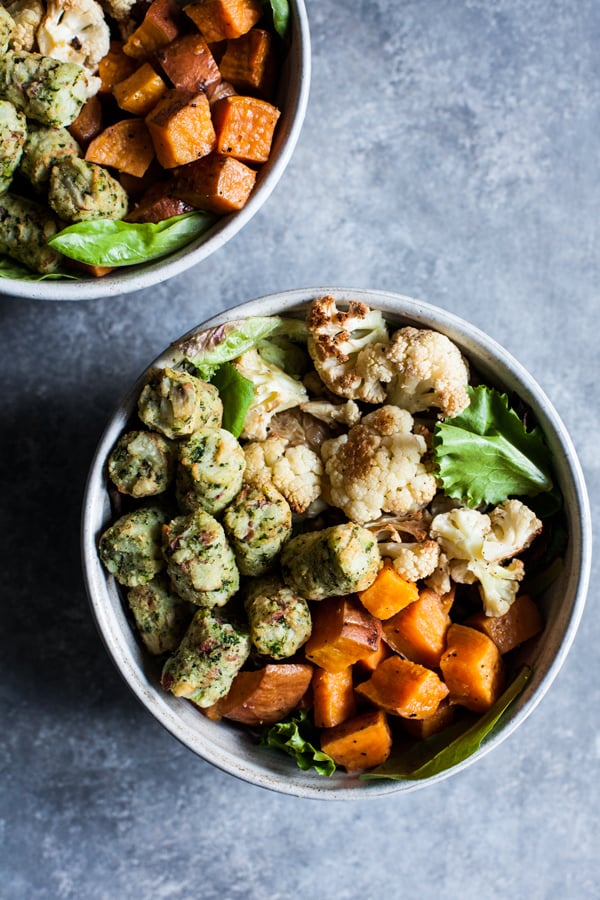 Roasted Vegetable & Kale Puff Nourish bowls with Creamy Hemp Herb Dressing | The Full Helping