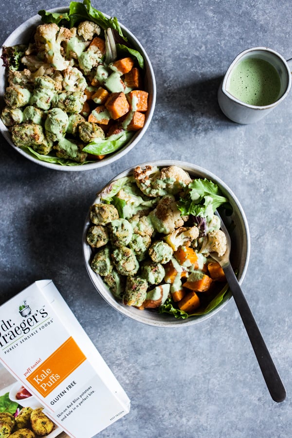 Roasted Vegetable & Kale Puff Nourish bowls with Creamy Hemp Herb Dressing | The Full Helping