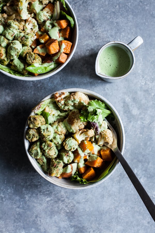 Roasted Vegetable & Kale Puff Nourish bowls with Creamy Hemp Herb Dressing | The Full Helping