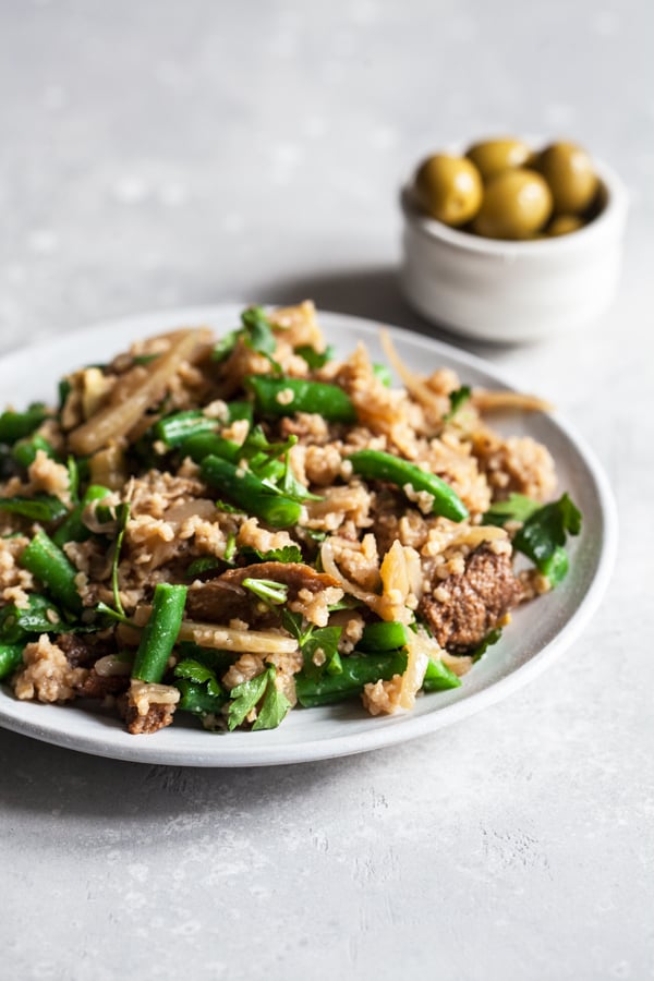 Skillet Seitan and Bulgur with Fennel & Olives | The Full Helping