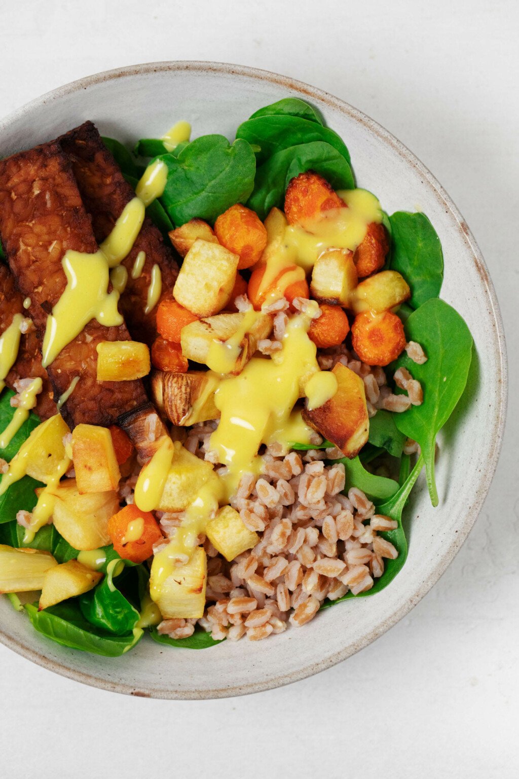 An overhead image of vegan harvest bowls, made with tempeh and root vegetables and drizzled with a mustard-based sauce.