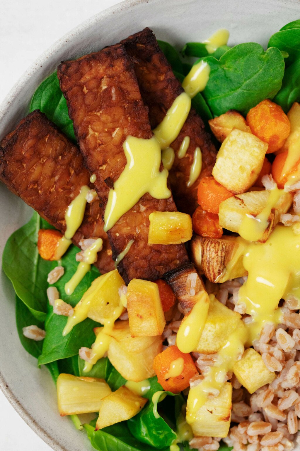 A close-up image of cooked tempeh, root vegetables, spinach, and a cooked whole grain.