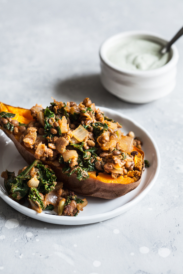 Smoky Lentil Kale Stuffed Sweet Potatoes with Pumpkin Seed Cream | The Full Helping