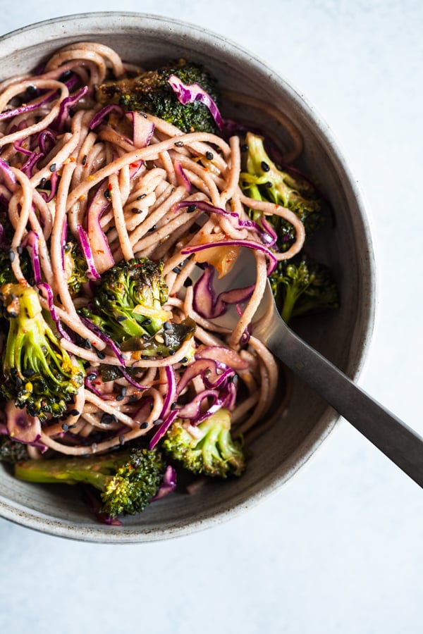 roasted broccoli & kimchi spicy soba noodle toss