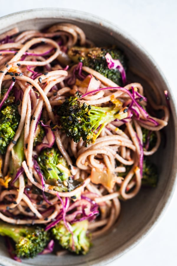 Roasted Broccoli & Kimchi Spicy Soba Noodle Toss | The Full Helping
