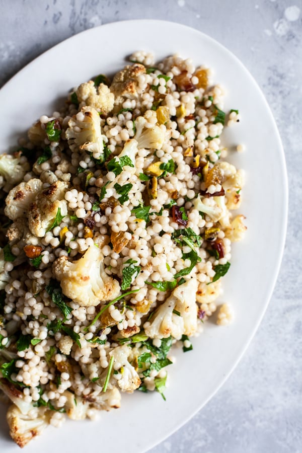 Israeli Couscous Salad with Roasted Cauliflower, Pistachios & Dates | The Full Helping