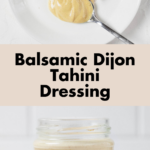 An overhead image of a creamy balsamic Dijon tahini dressing.
