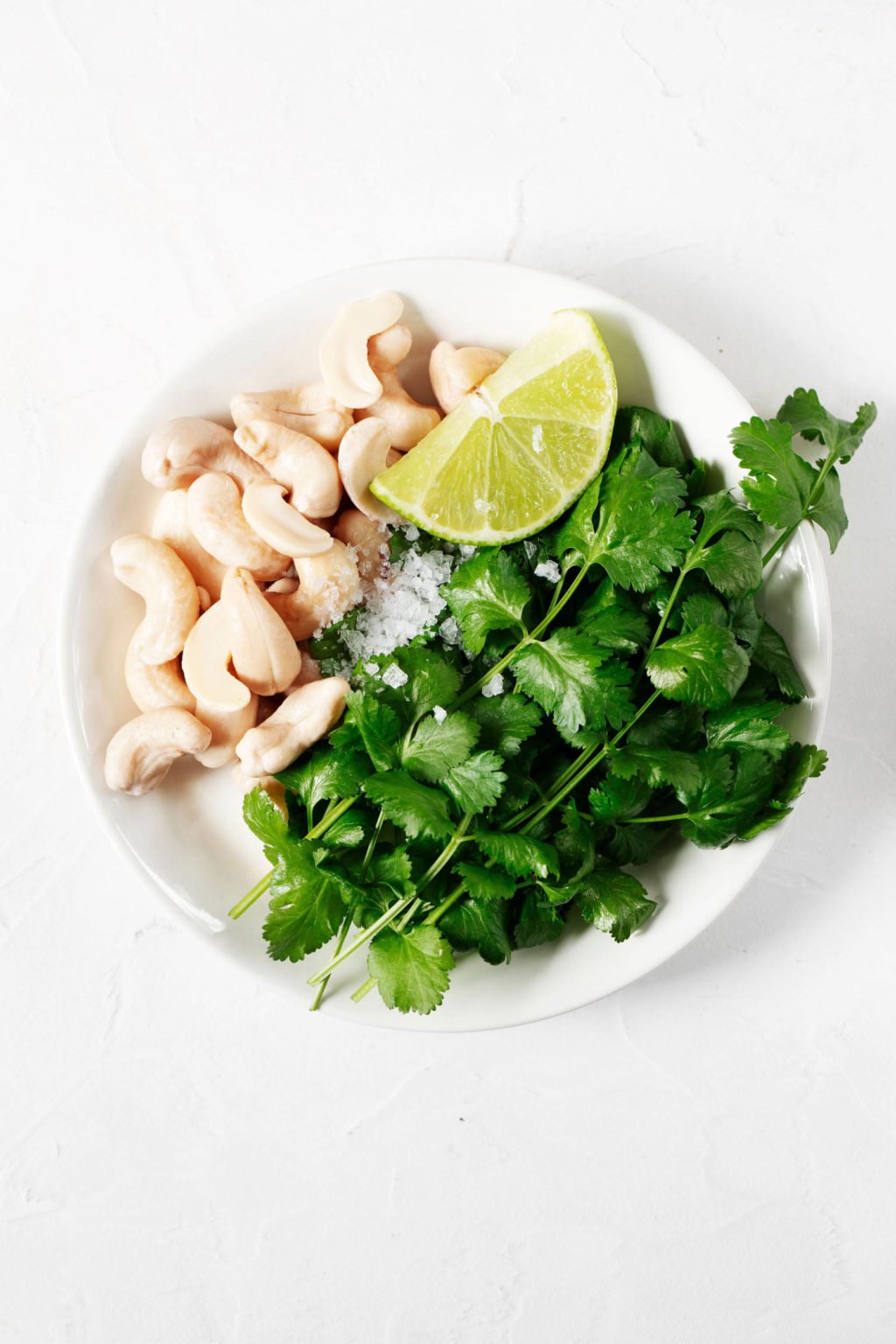 A small pinch bowl with fresh cilantro, lime, and raw cashews.