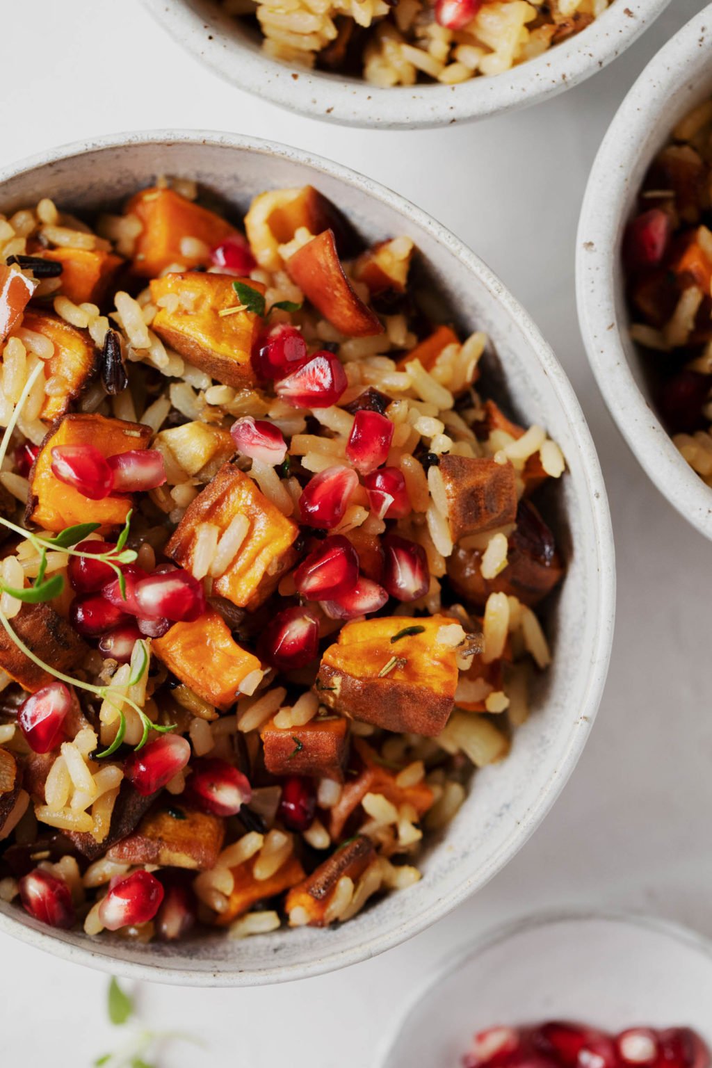A close up, overhead image of a colorful bowl of wild rice, pomegranate seeds, roasted sweet potatoes, and apples.