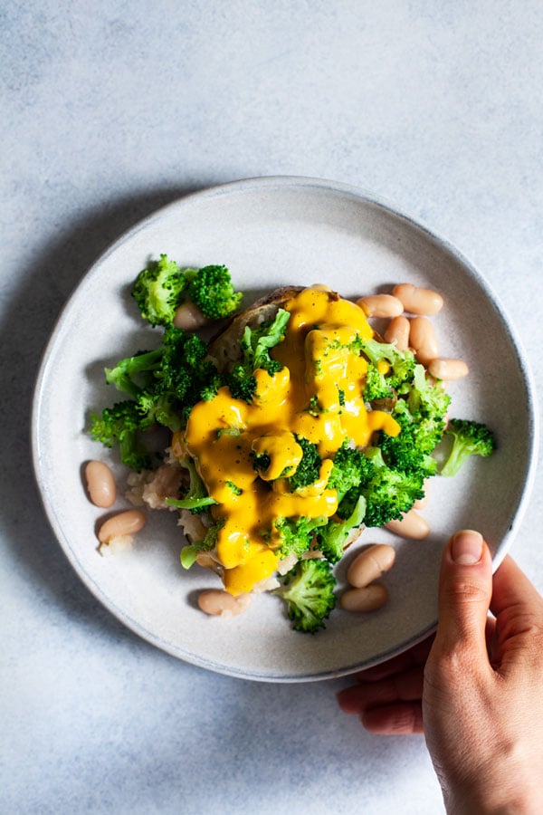 Easy, Cheesy Vegan Loaded Potatoes with Broccoli & White Beans