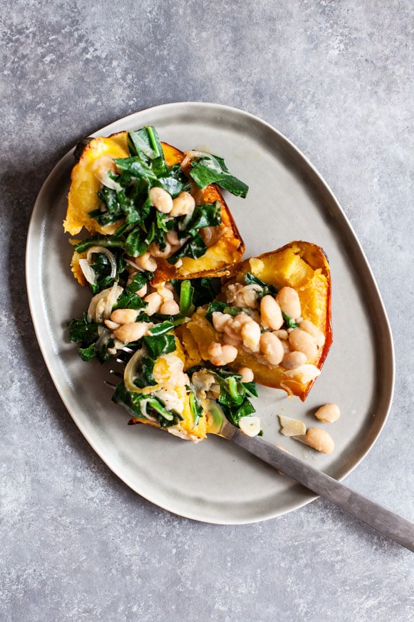 Stuffed Acorn Squash with Garlicky Beans & Greens | The Full Helping