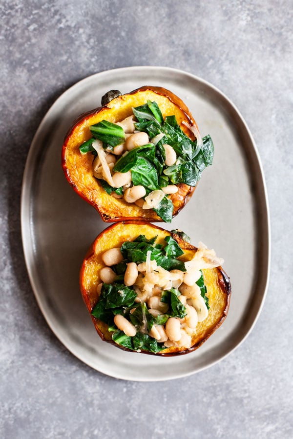 Stuffed Acorn Squash with Garlicky Beans & Greens | The Full Helping