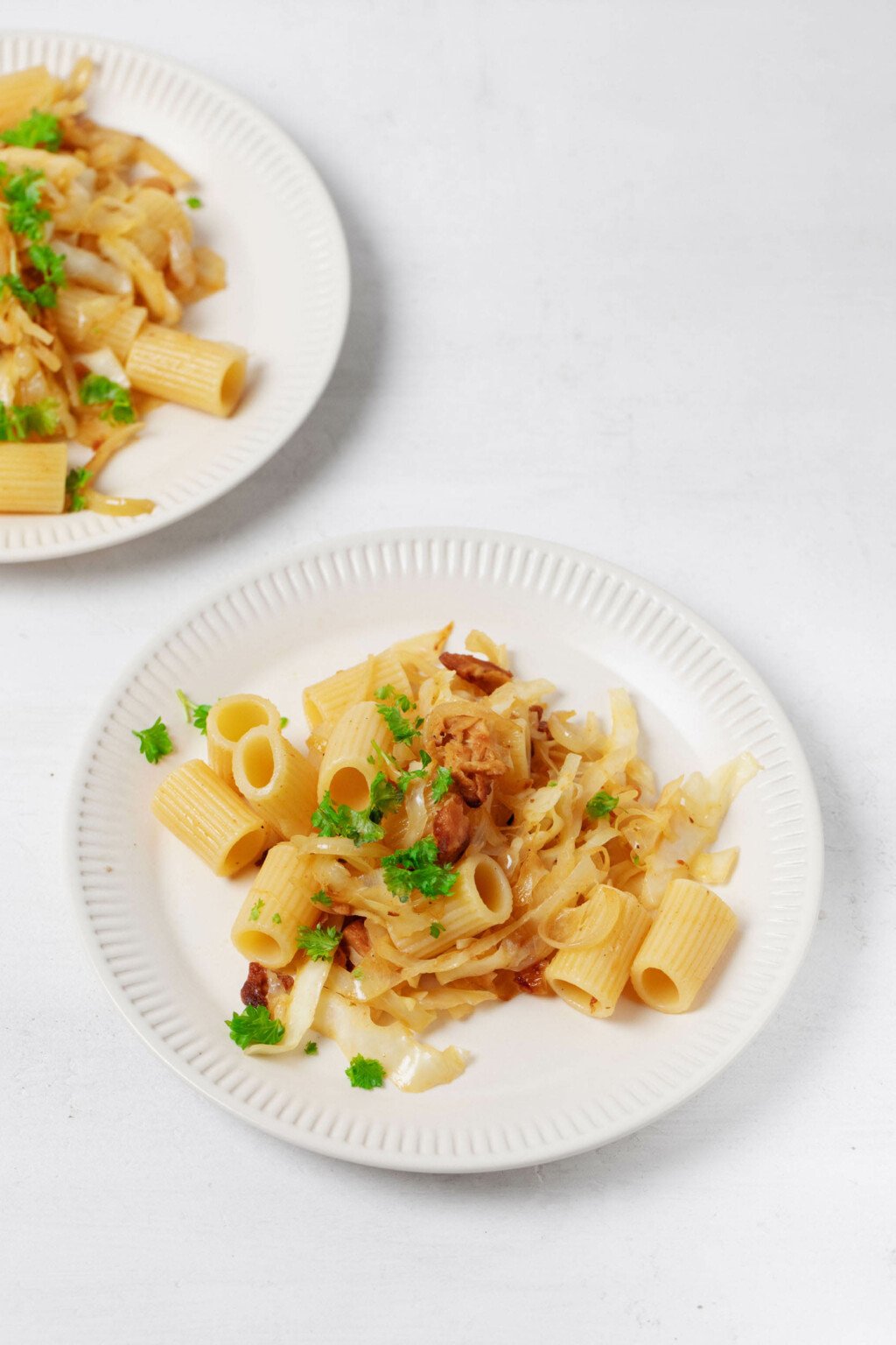 An angled photograph two plant-based pasta dishes, which have been served on round, white ceramic plates.