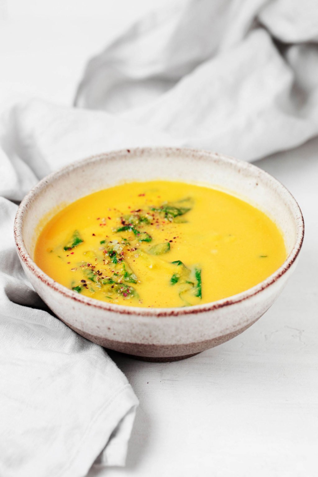 An angled photograph of a bowl of light colored puree of legumes and vegetables, served in a white and gray bowl. A gray napkin lies nearby.