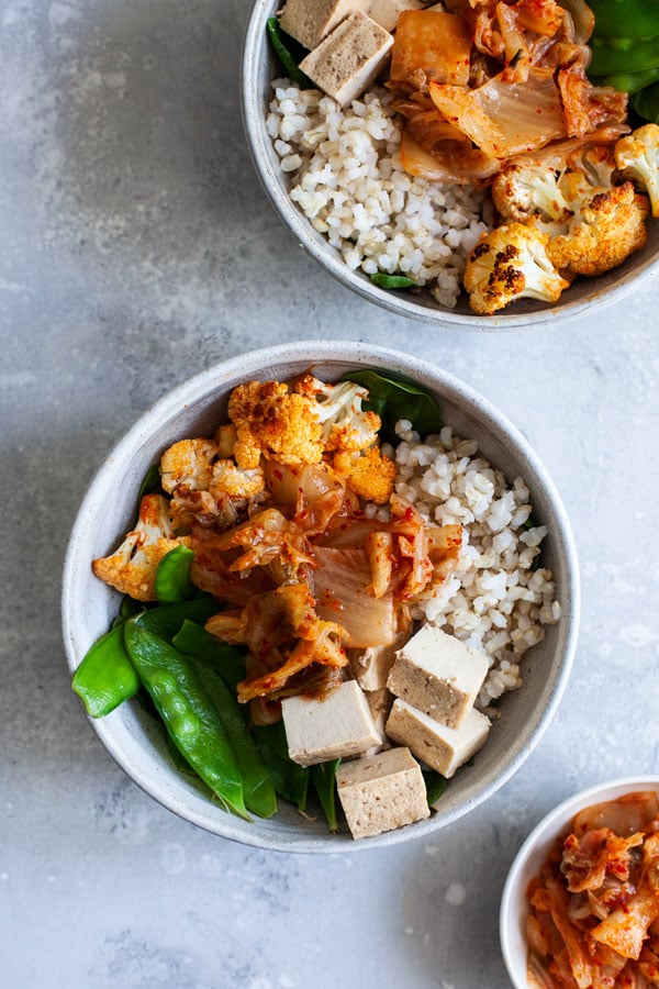 Chili Roasted Cauliflower, Brown Rice & Kimchi Bowls