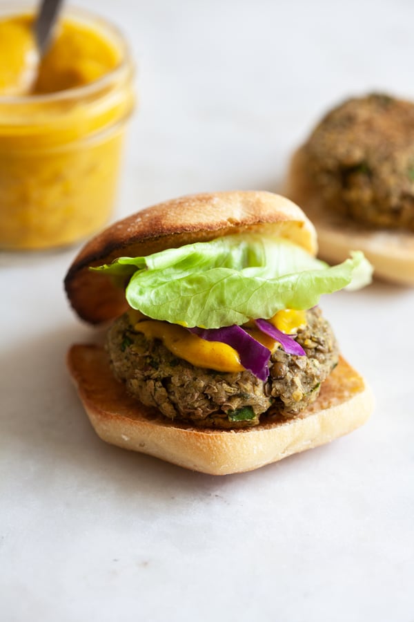 Green Lentil Hemp Seed Sliders with Spicy Dijon Date Mustard | The Full Helping