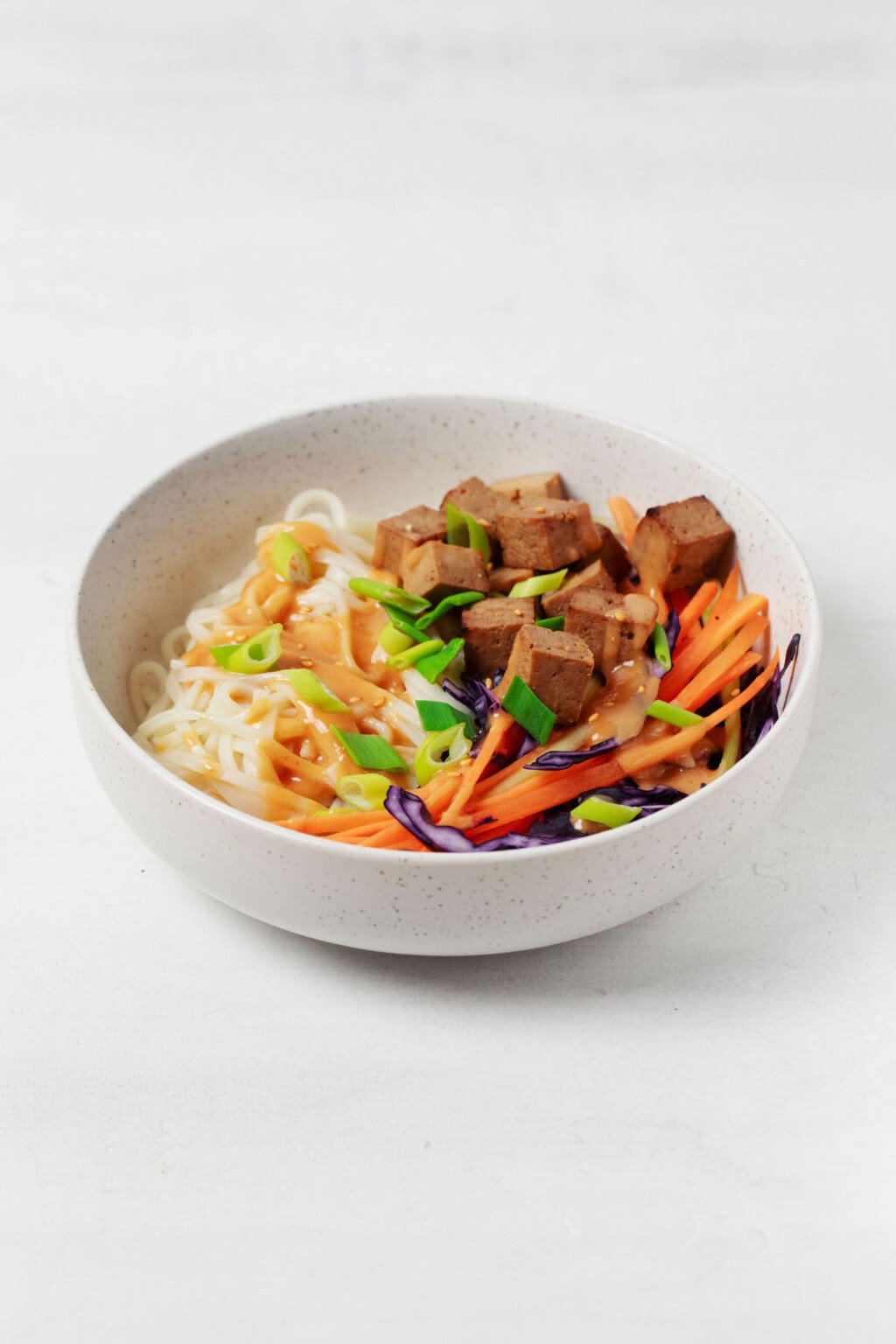 An angled photograph of a noodle bowl, which also features tofu and crisp raw carrot pieces.