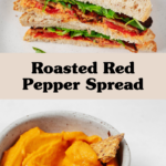 A cross section of a sandwich that has been prepared with tempeh, greens, red pepper, and a sweet potato spread.