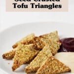 Triangles of pumpkin seed crusted tofu are arranged on a round, white plate. The tofu is served with one dark red and one cream-colored dipping sauce.