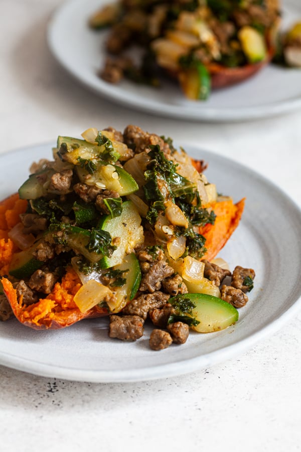 Vegan Beef and Zucchini Stuffed Sweet Potatoes