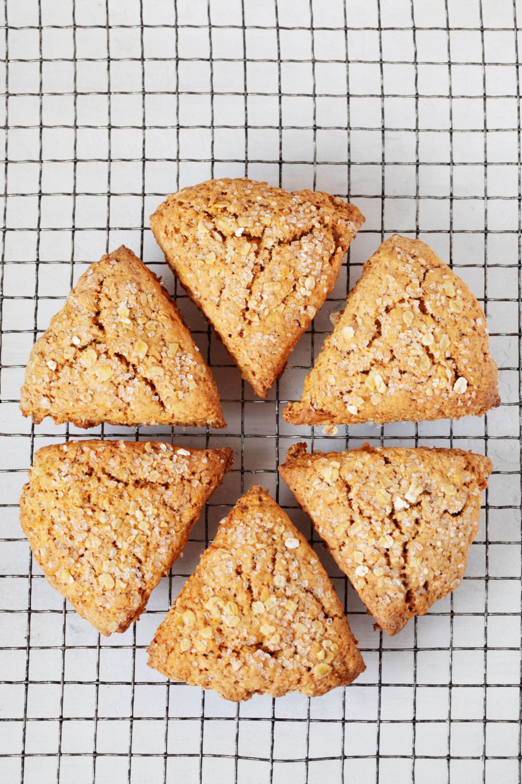 An overhead image of six vegan pumpkin scones. They're triangular shaped and arranged in a circular pattern. They rest on a wire cooling rack.