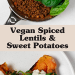 Two halves of sweet potatoes are topped with spiced lentils and a creamy tahini dressing. The potatoes rest on a round white plate.