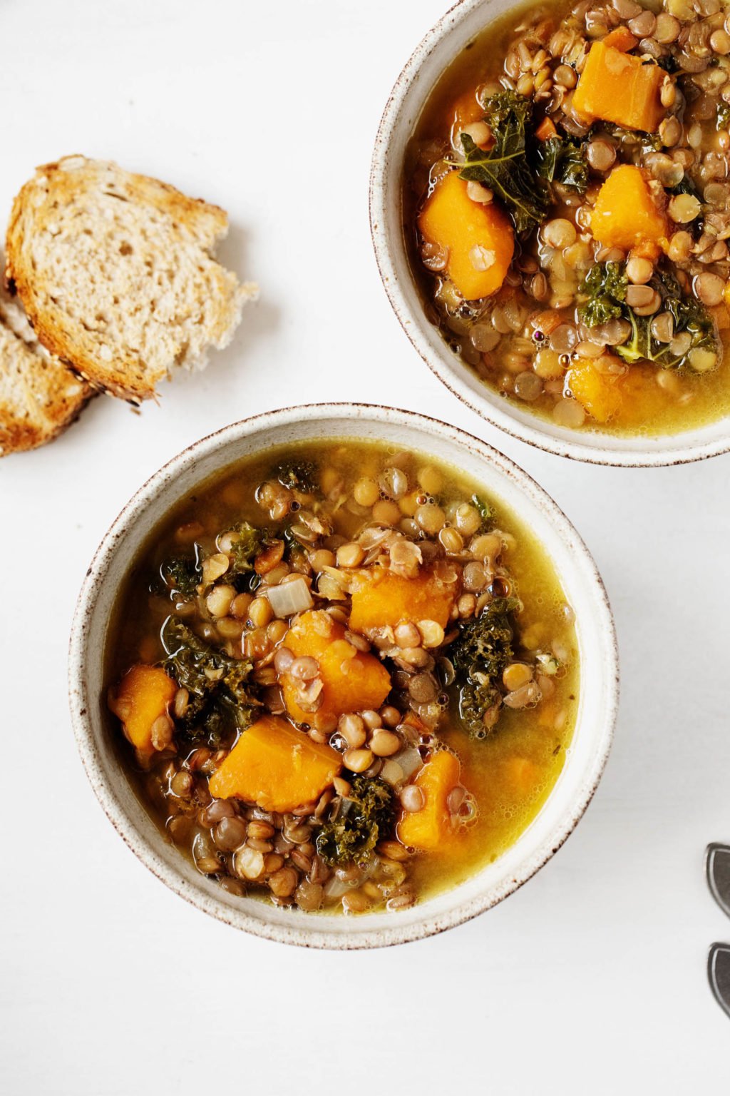 Two slices of toast accompany round, white ceramic bowls of a hearty, plant-based winter stew. They rest on a bright, white surface.