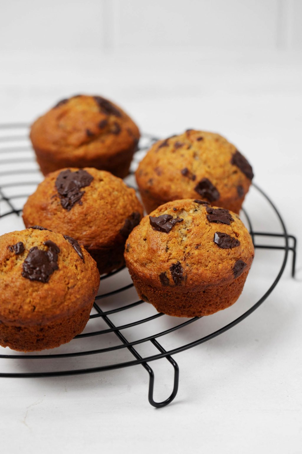 A wire cooling rack holds a batch of golden brown, freshly baked muffins.