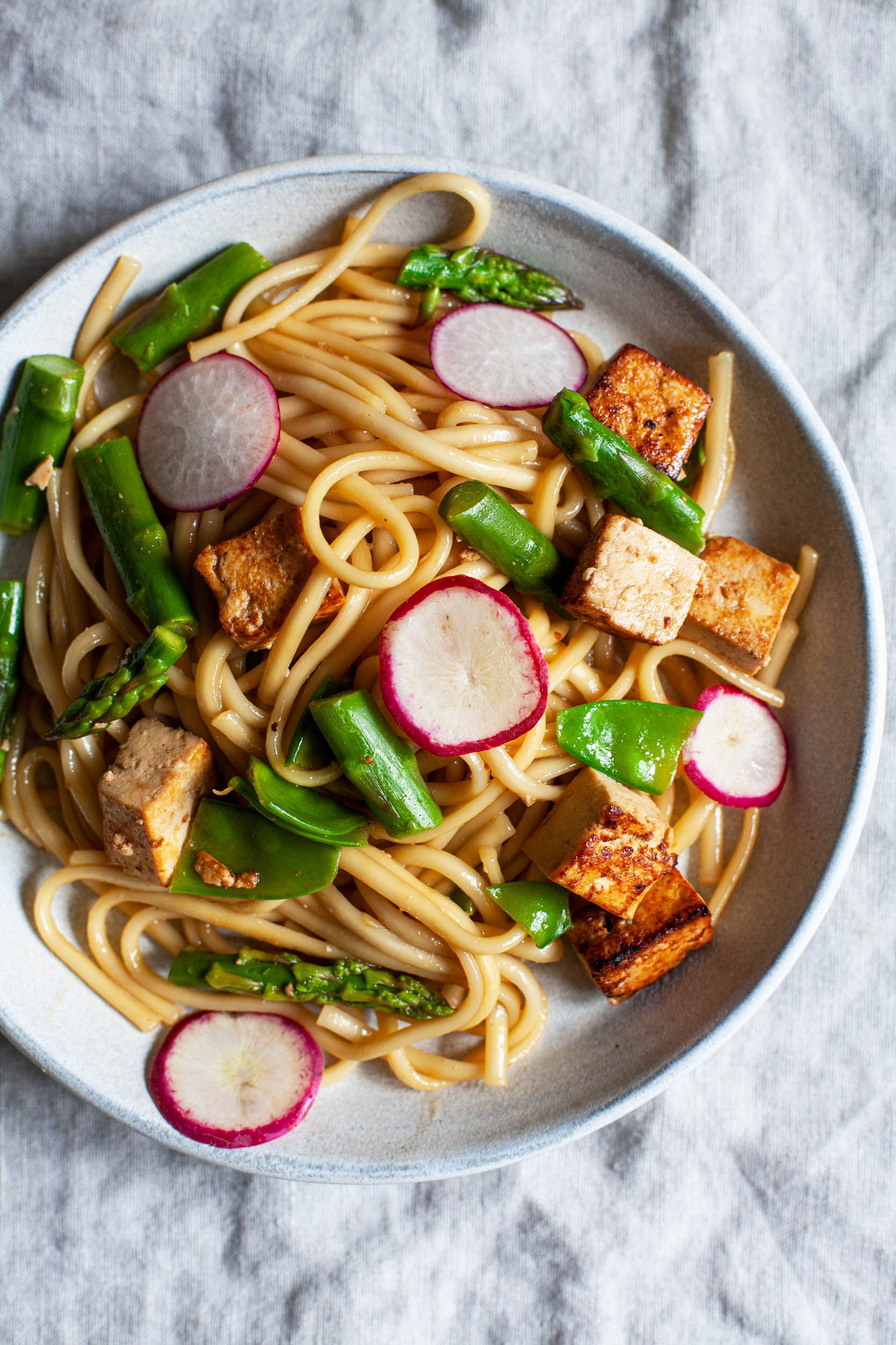 Tofu and Udon Noodle Salad with Spring Vegetables | The Full Helping