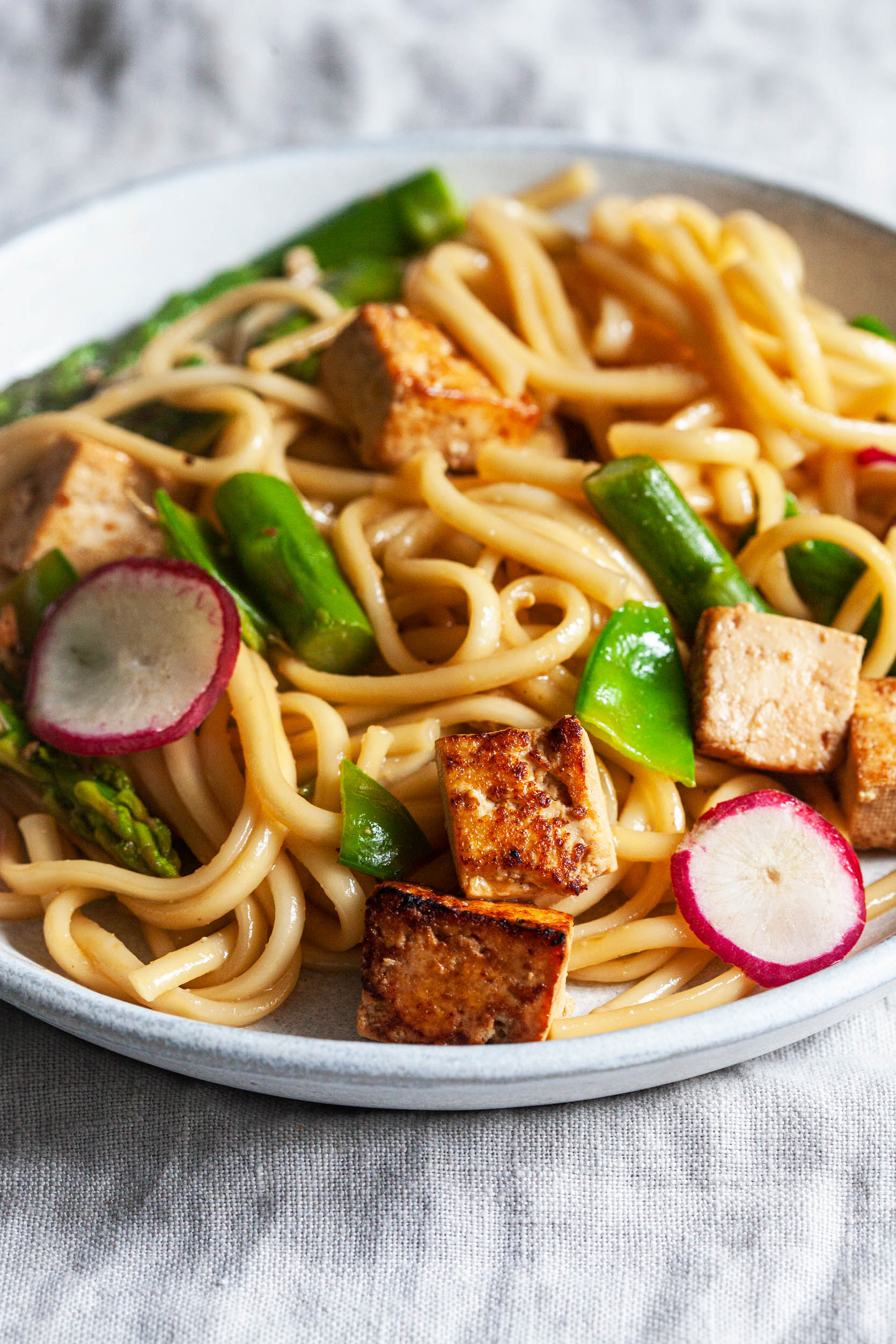 Tofu and Udon Noodle Salad with Spring Vegetables | The Full Helping