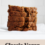 A stack of zucchini bread slices rest on a small piece of white parchment paper.