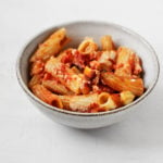 A small bowl of vegan eggplant baked rigatoni