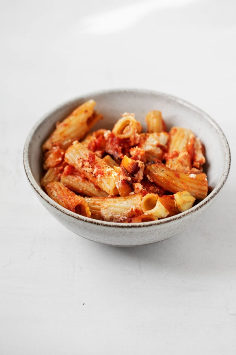 A small bowl of vegan eggplant baked rigatoni