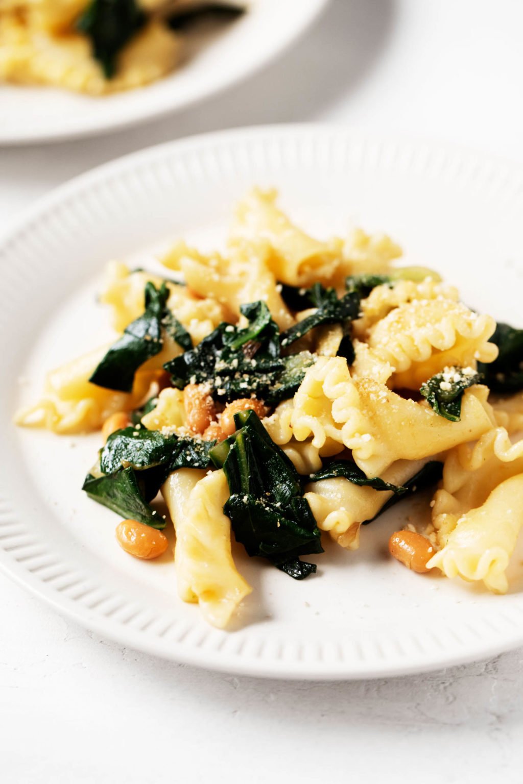 An angled photograph of a simple, hearty plant-based dinner, prepared with pasta, kale, and beans.