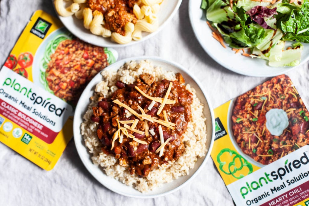 Nasoya's Plantspired meal solutions are being used in a few different simple preparations, including a plate of chili and rice.