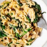 A zoomed in photograph of a bowl of creamy mushroom spinach orzo, which is accompanied by a fork.