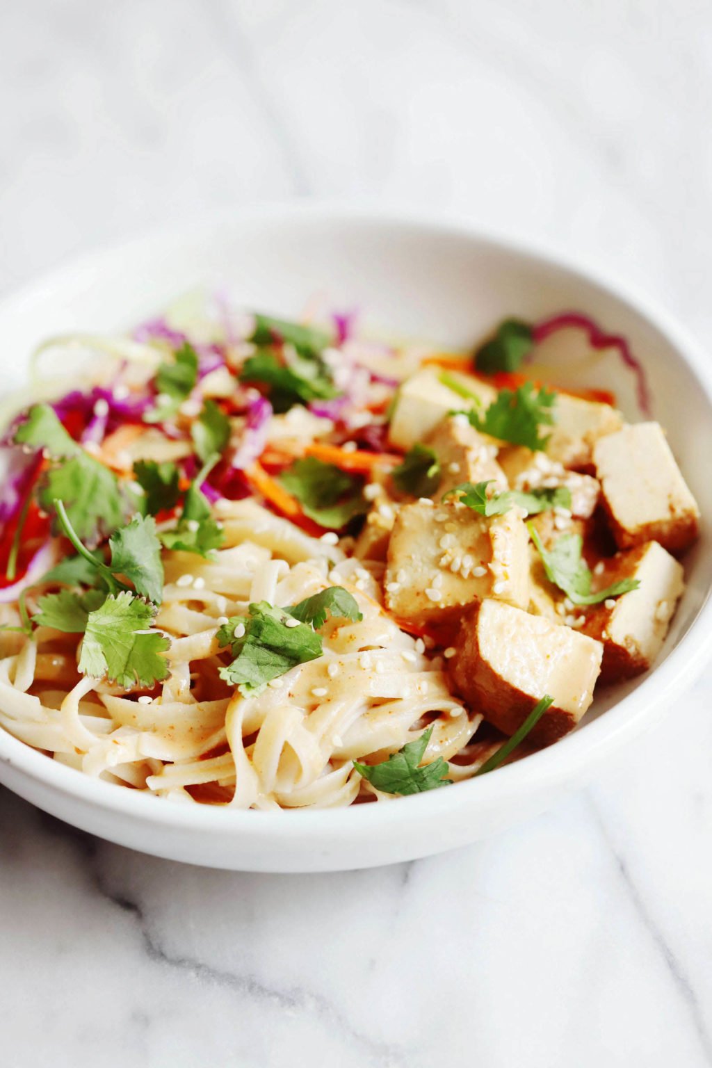 An angled photo of a tofu teriyaki bowl, which is topped with sesame seeds and fresh herbs.