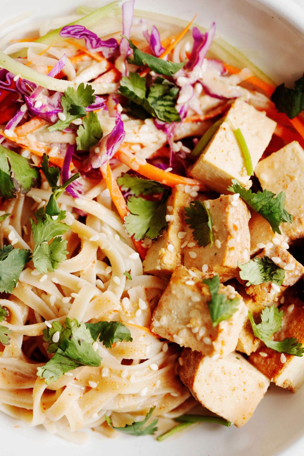 A zoomed in, overhead photograph of a tangle of pad thai noodles, tofu, vegetables, and herbs.