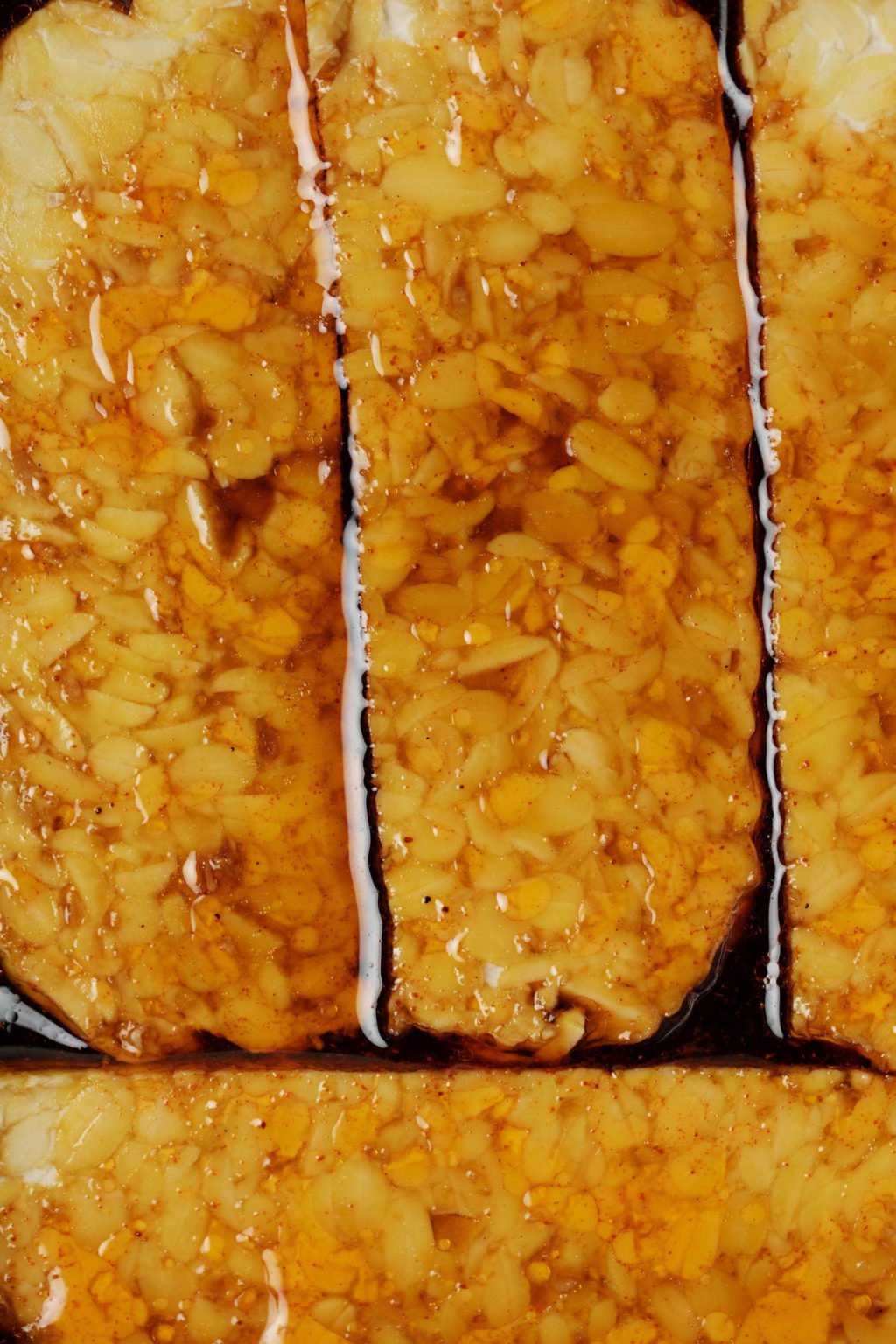 Een close-up beeld van een plantaardig eiwit, gemarineerd in een donkere amberkleurige saus.