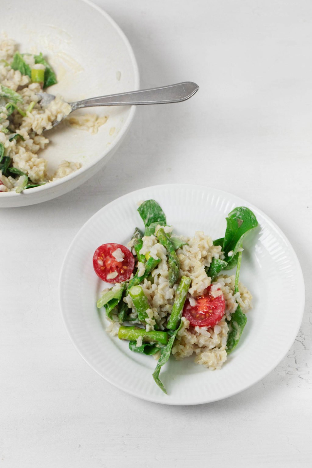 A serving bowl with rice salad is positioned next to a small plate on a white backdrop.