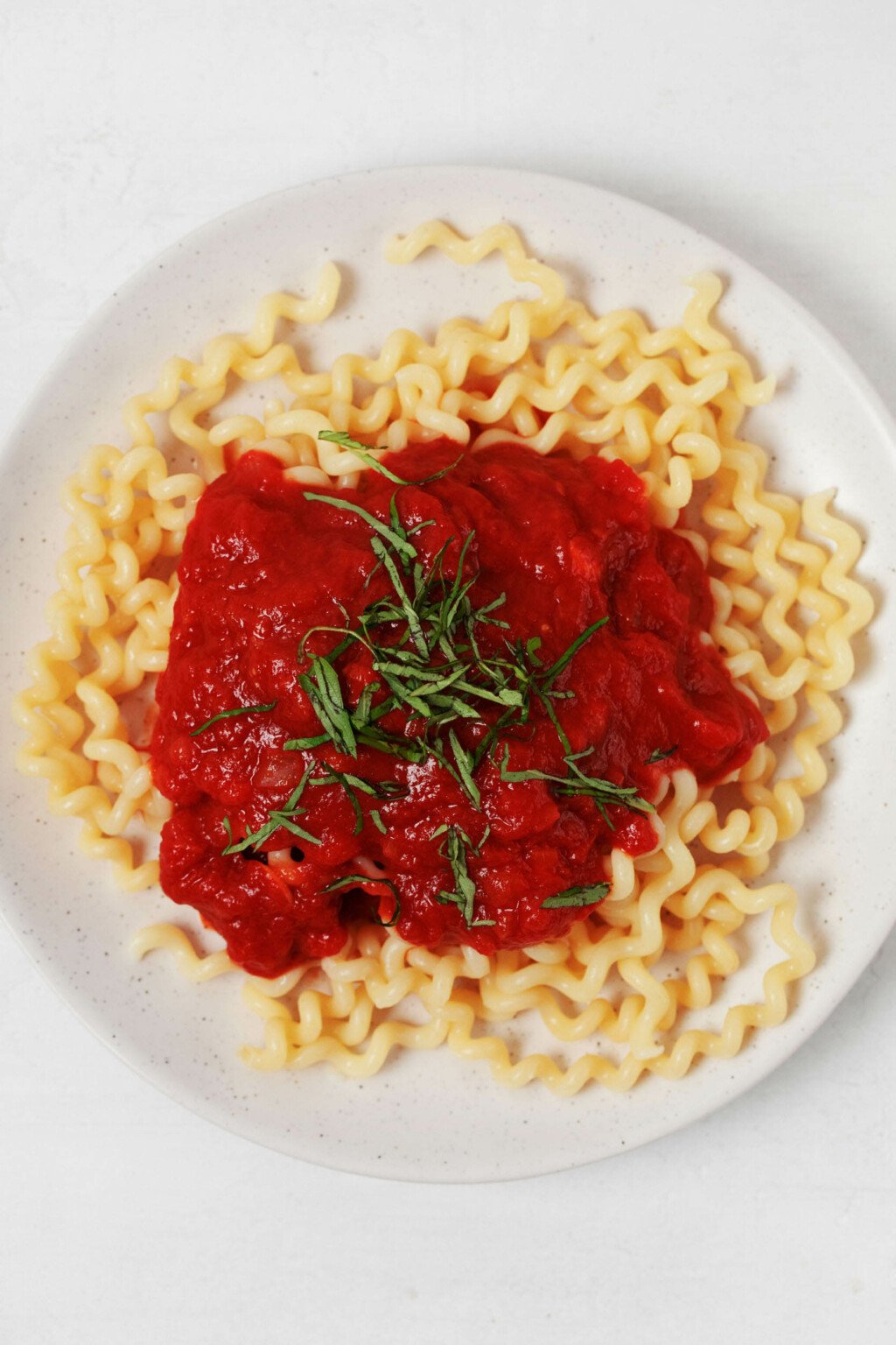 A white plate has been covered in pasta and a red sauce, along with green sliced basil.