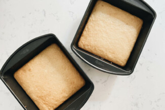 Two square, yellow cakes have just been baked in the oven. They rest on a white surface.