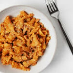 A round, white dish contains a pasta with sun-dried tomato sauce. A silver fork is resting, angled, nearby.