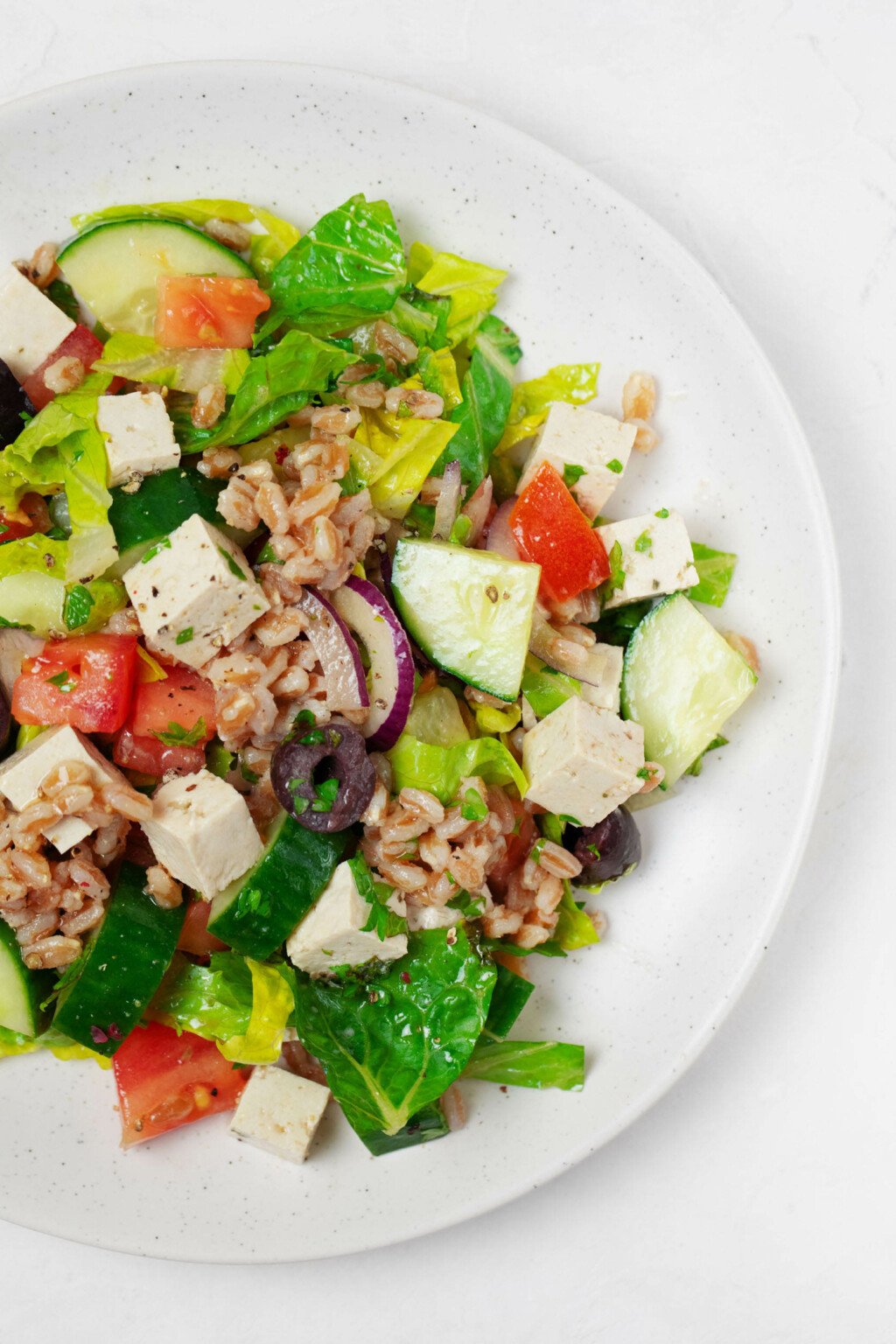 An overhead image of a Greek salad made with plant-based ingredients and cooked pearled barley. The salad rests on a round white plate.