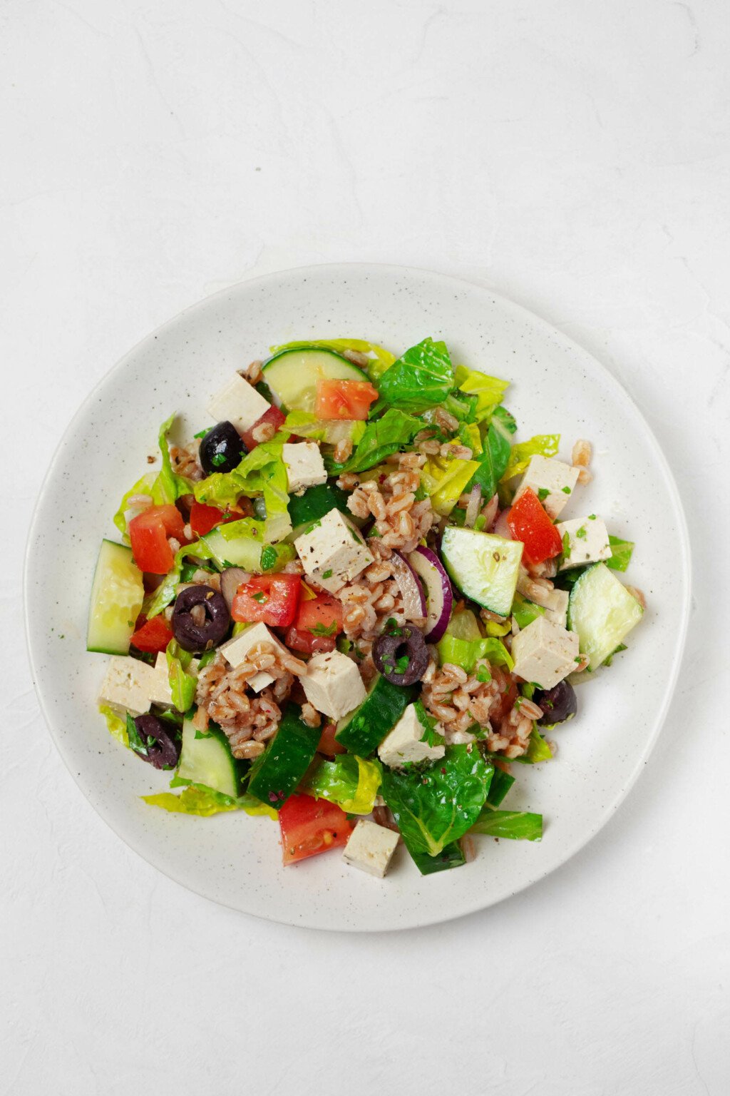 A plant-based, summer salad has been created with cubes of tofu that are intended to look and taste like cubed feta cheese. It rests on a round white plate.