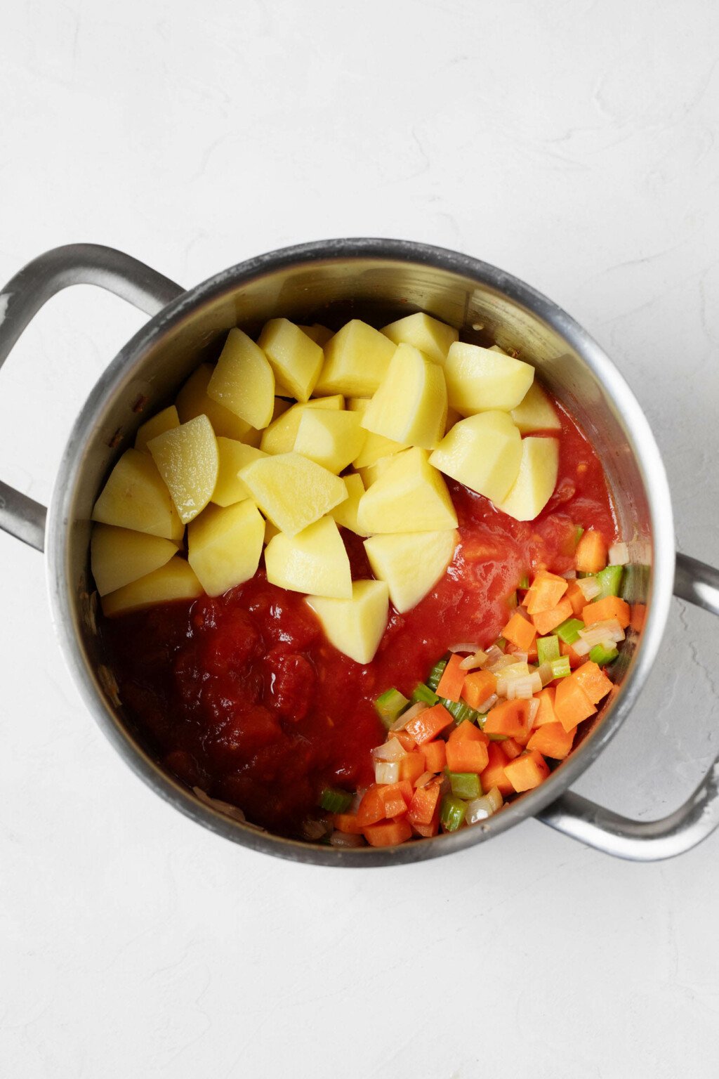 Onion, celery, carrots, garlic, tomatoes, and potatoes are pictured overhead in a silver soup pot. It rests on a white surface.